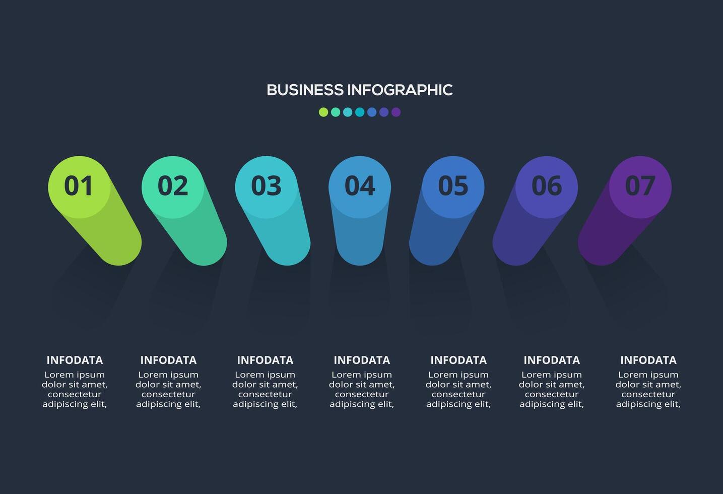 3d concept for infographic with 7 steps, options, parts or processes. Template for web on a black background. vector
