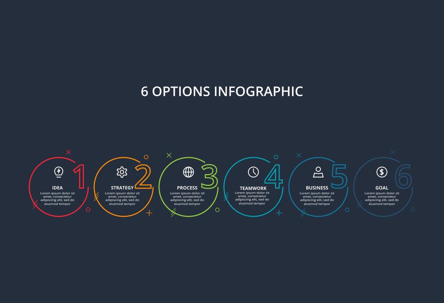 Line concept for infographic with 6 steps, options, parts or processes. Template for web on a black background. vector
