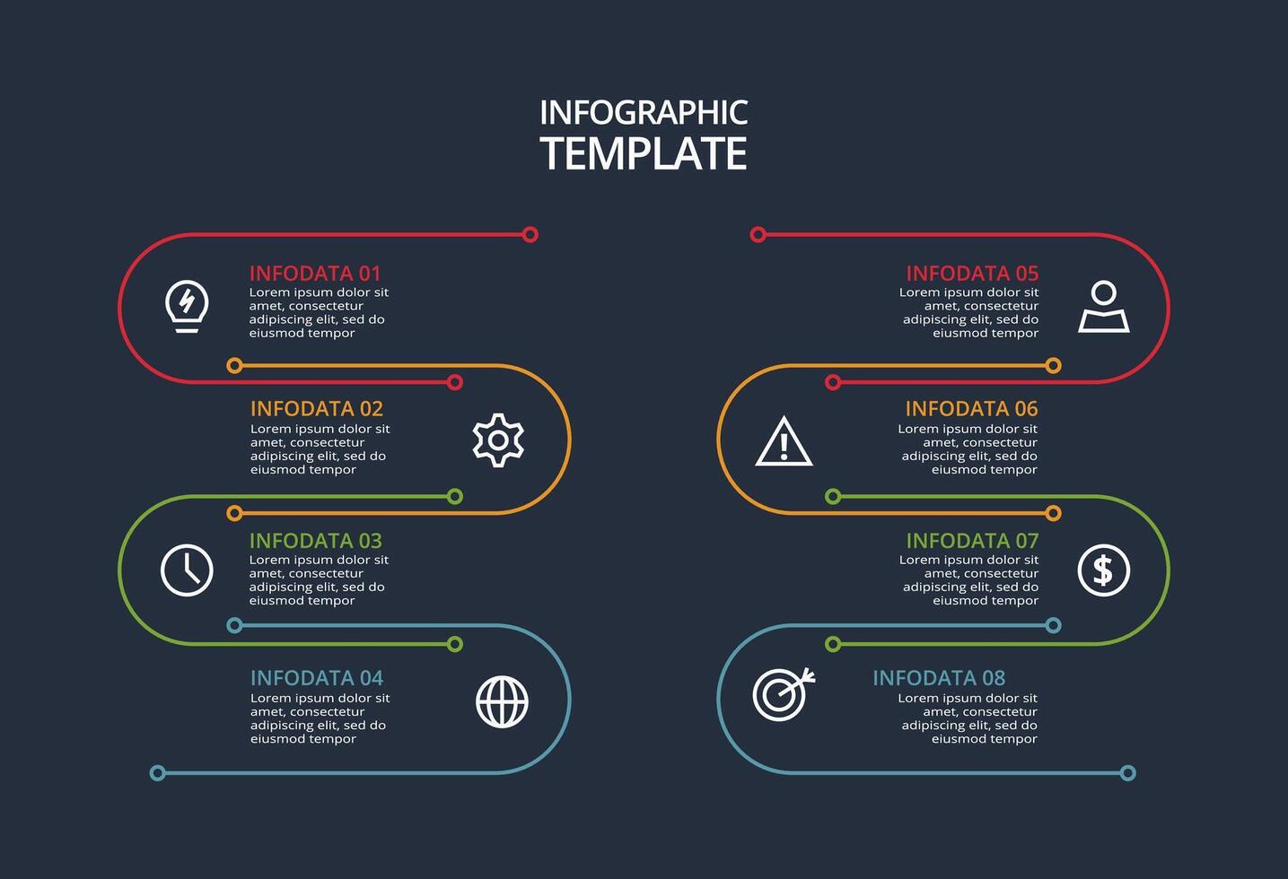 Line concept for infographic with 8 steps, options, parts or processes. Template for web on a black background. vector
