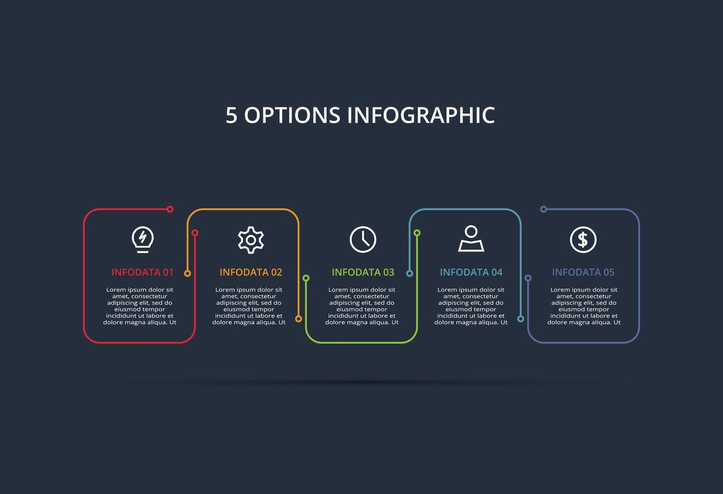 Line concept for infographic with 5 steps, options, parts or processes. Template for web on a black background. vector