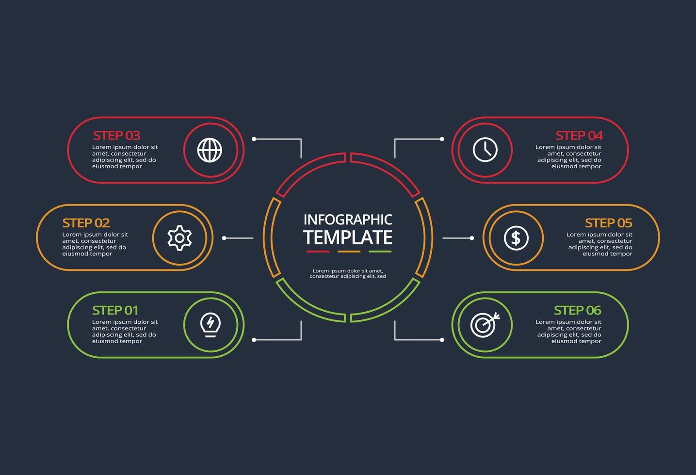 Line concept for infographic with 6 steps, options, parts or processes. Template for web on a black background. vector