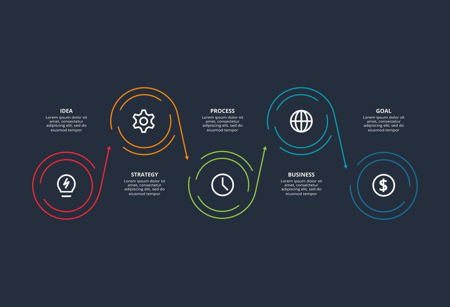Line concept for infographic with 5 steps, options, parts or processes. Template for web on a black background. vector