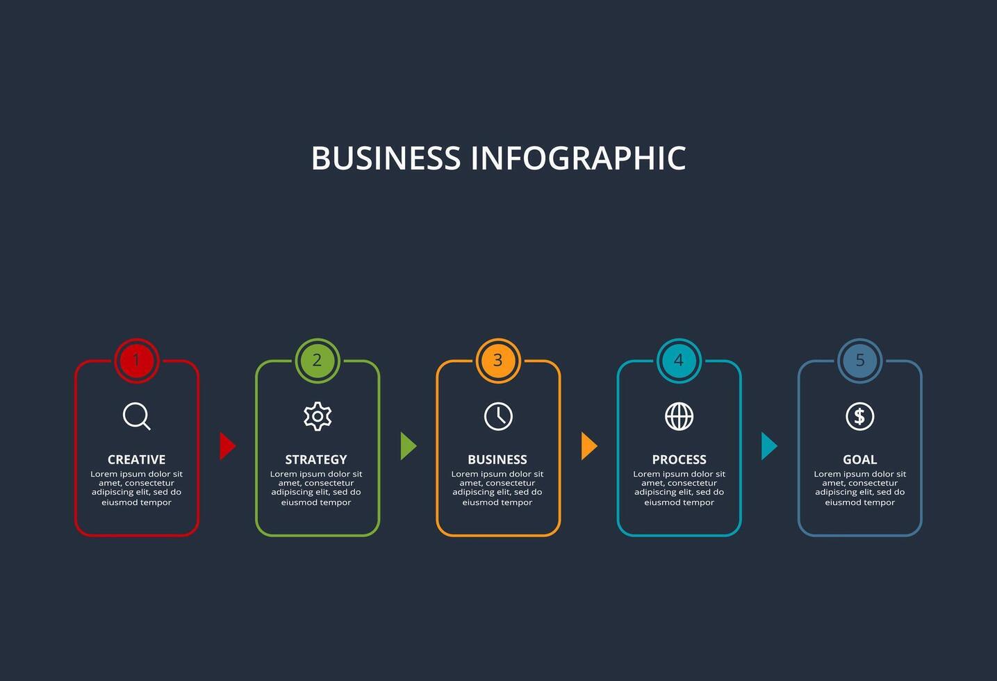 Line concept for infographic with 5 steps, options, parts or processes. Template for web on a black background. vector