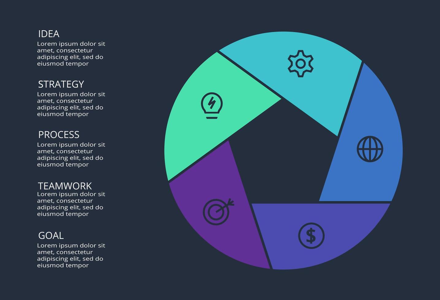 Circle dark infographic with 5 elements template for web on a black background, business, presentation. vector