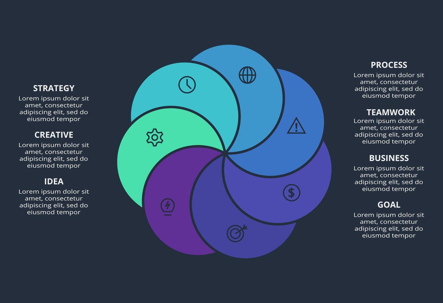 Circle dark infographic with 7 elements template for web on a black background, business, presentation. vector