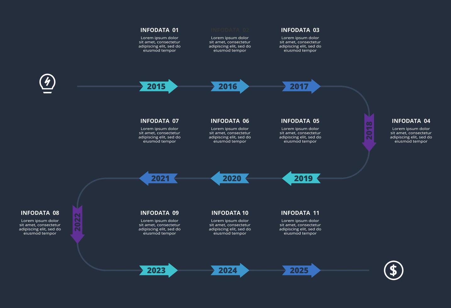Creative dark infographic with 11 elements template for web on a black background, business, presentation. vector
