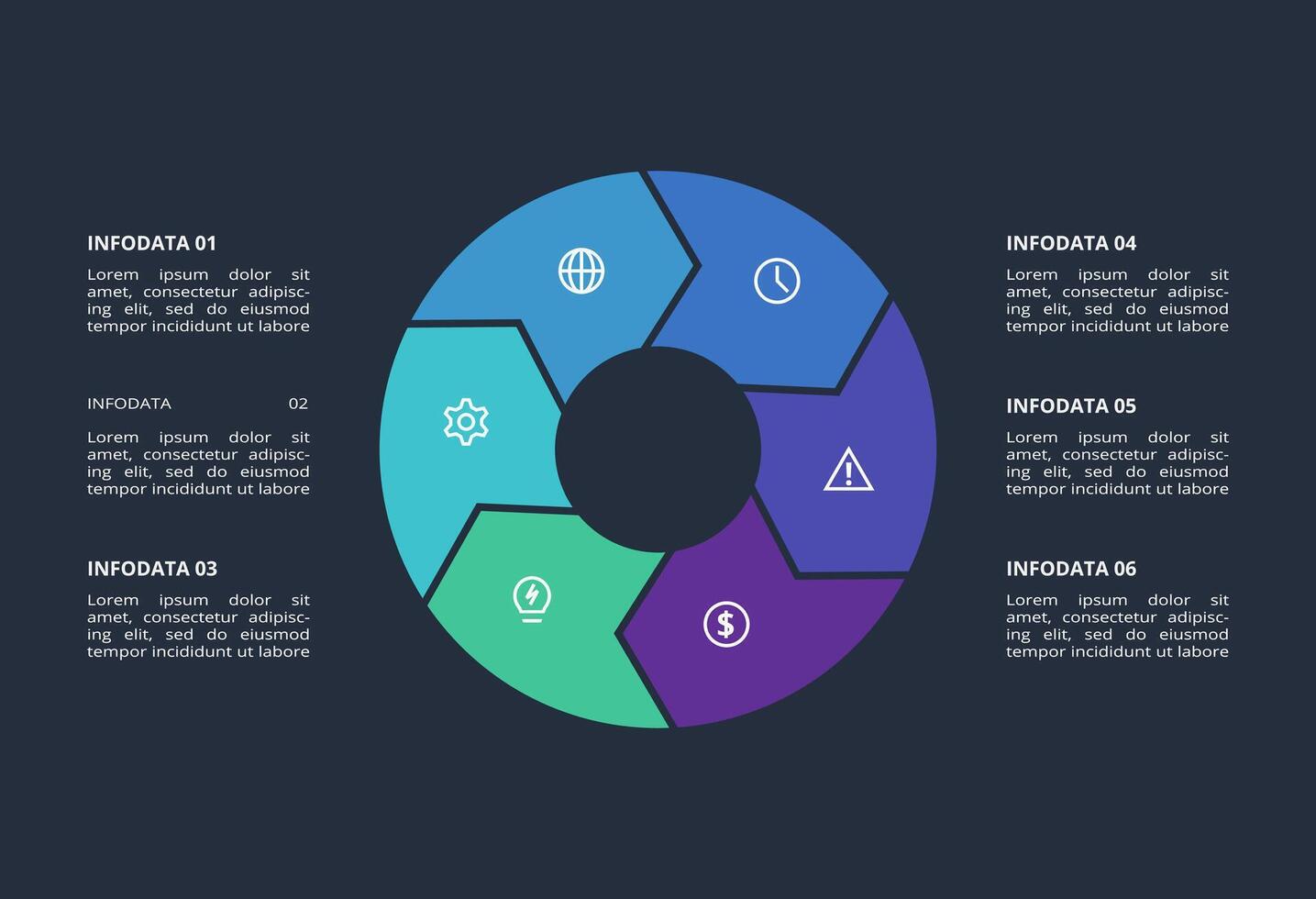 Circle dark infographic with 6 elements template for web on a black background, business, presentation. vector