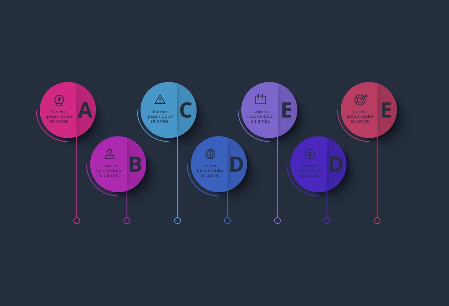 Creative dark infographic with 7 elements template for web on a black background, business, presentation. vector