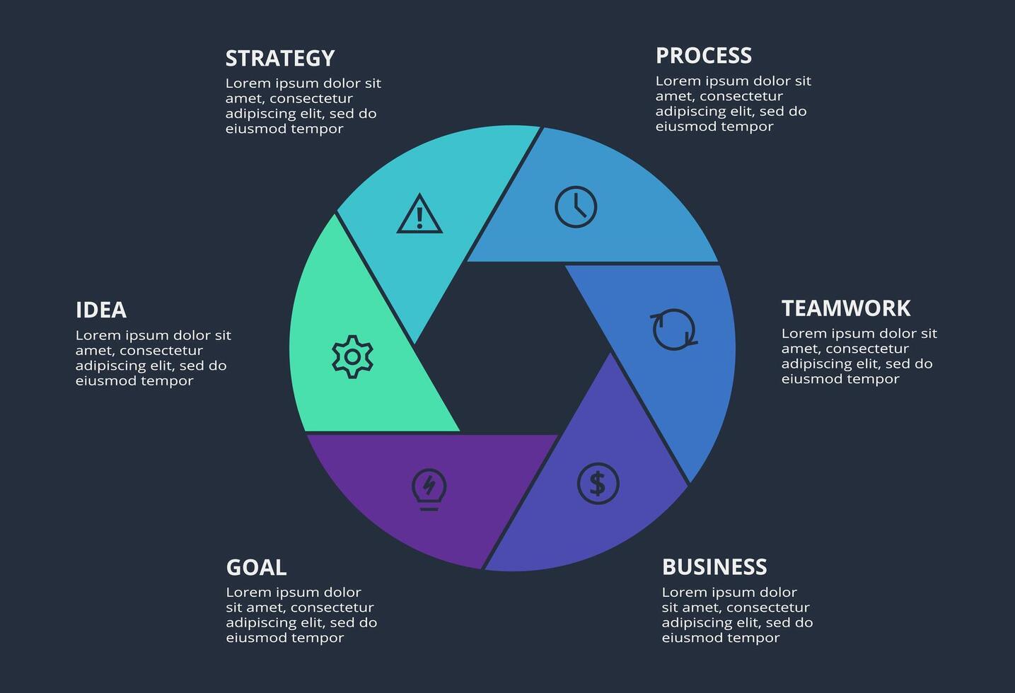 Circle dark infographic with 6 elements template for web on a black background, business, presentation. vector