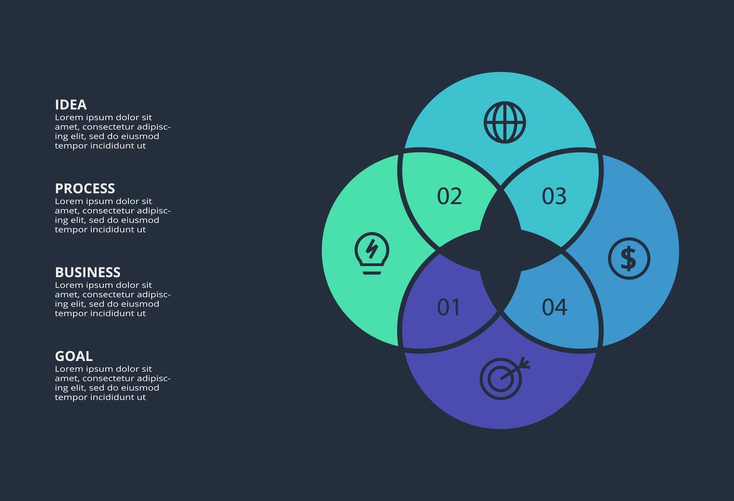 Circle dark infographic with 4 elements template for web on a black background, business, presentation. vector