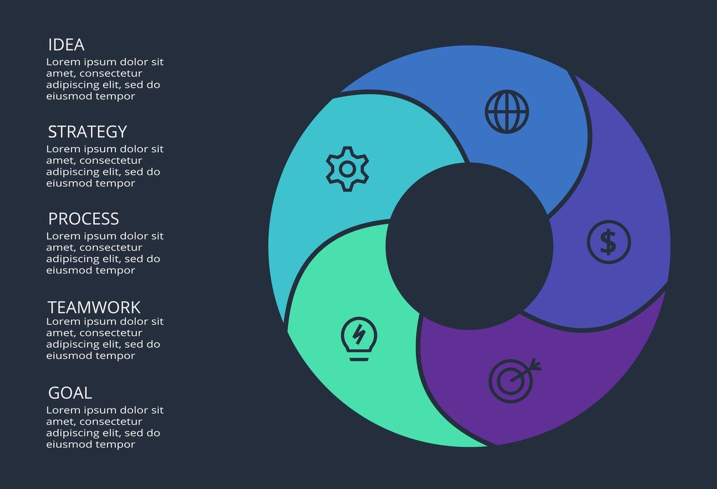 Circle dark infographic with 5 elements template for web on a black background, business, presentation. vector