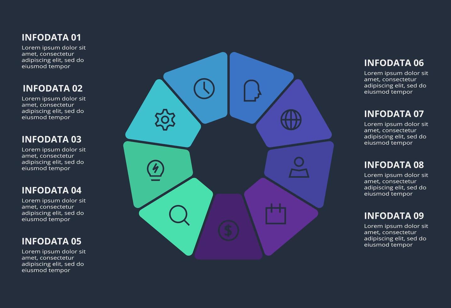 Circle dark infographic with 9 elements template for web on a black background, business, presentation. vector