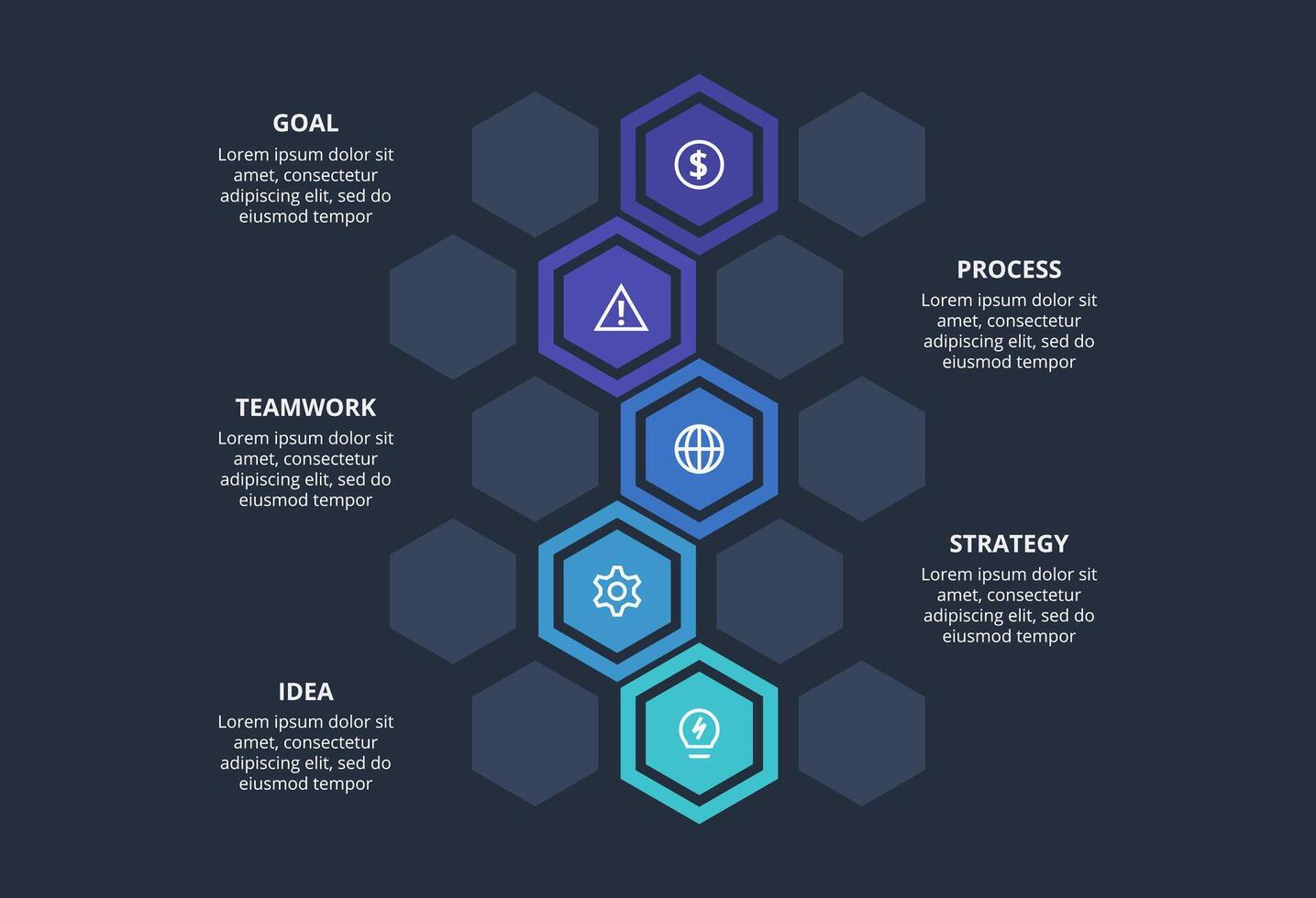 Creative dark infographic with 5 elements template for web on a black background, business, presentation. vector