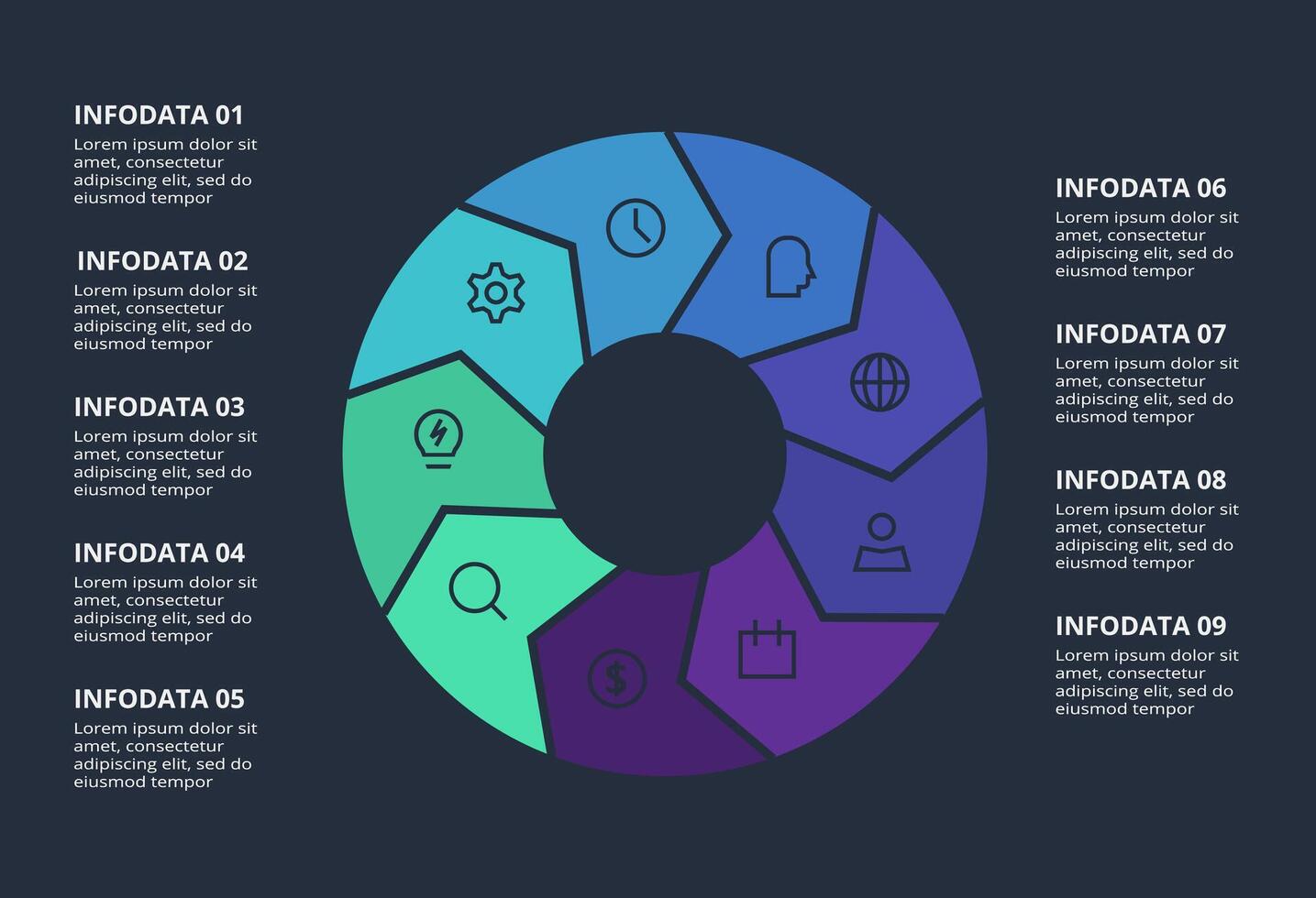 Circle dark infographic with 9 elements template for web on a black background, business, presentation. vector