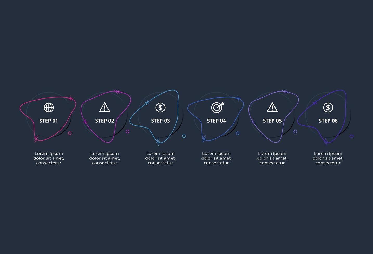 Creative dark infographic with 6 elements template for web on a black background, business, presentation. vector