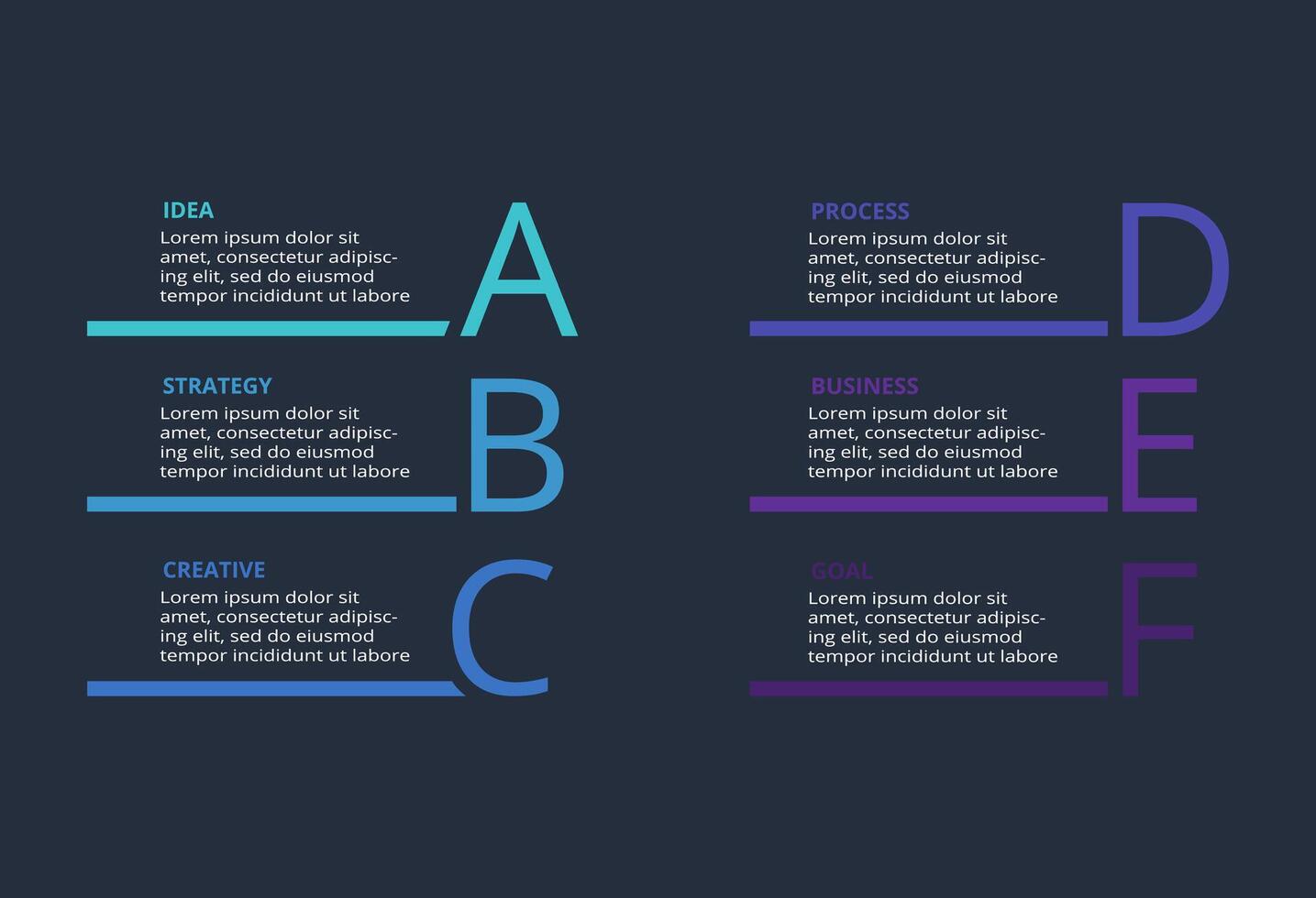 Creative dark infographic with 6 elements template for web on a black background, business, presentation. vector