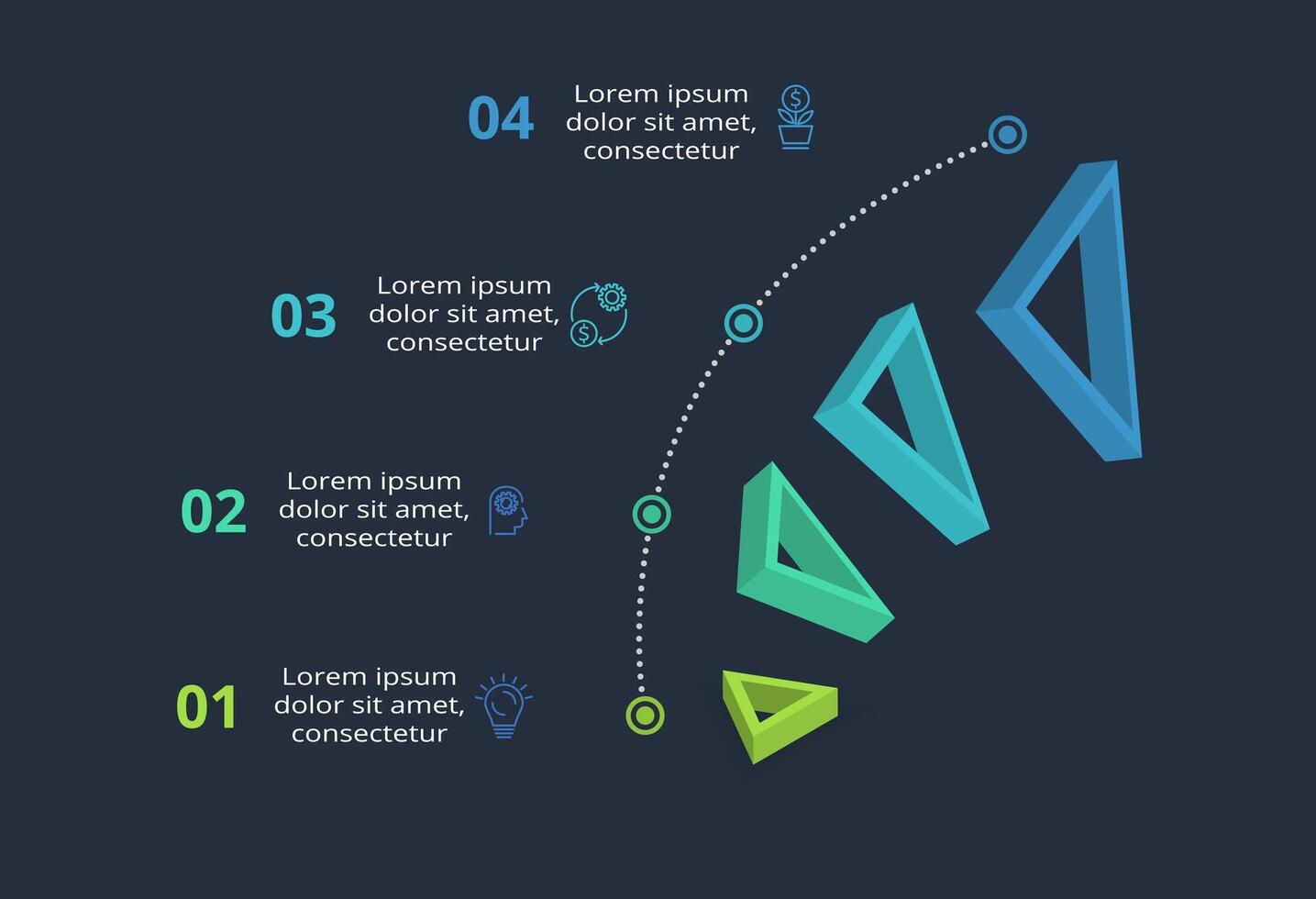 3d concept for infographic with 4 steps, options, parts or processes. Template for web on a black background. vector