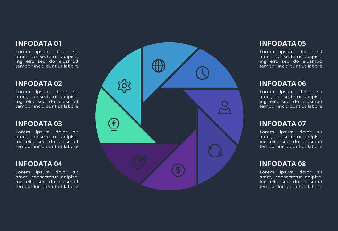 Circle dark infographic with 8 elements template for web on a black background, business, presentation. vector