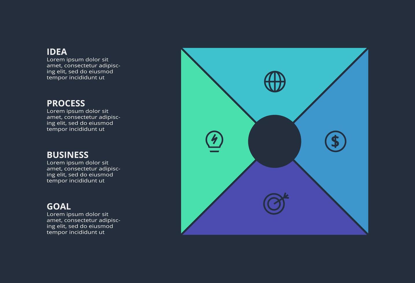 Circle dark infographic with 4 elements template for web on a black background, business, presentation. vector