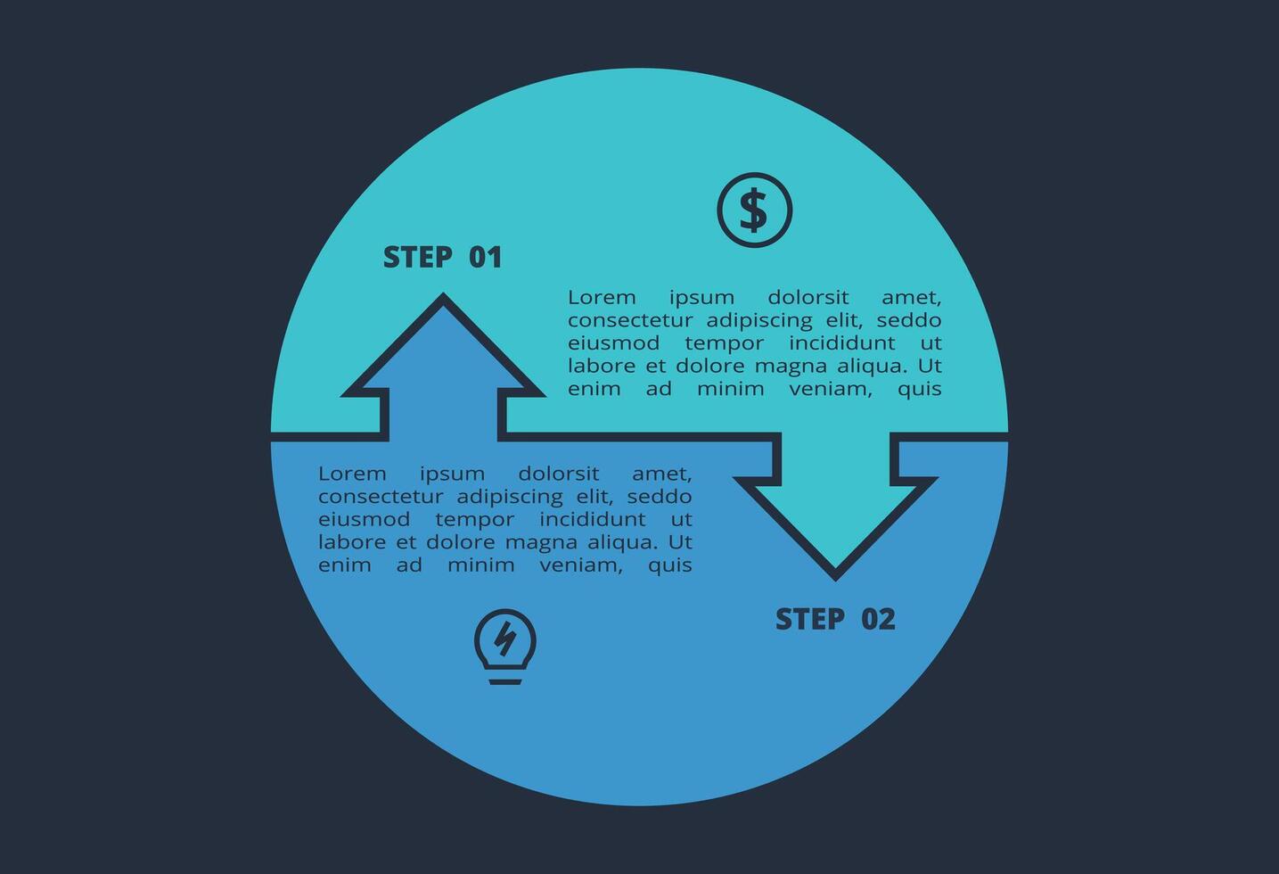 Circle dark infographic with 2 elements template for web on a black background, business, presentation. vector