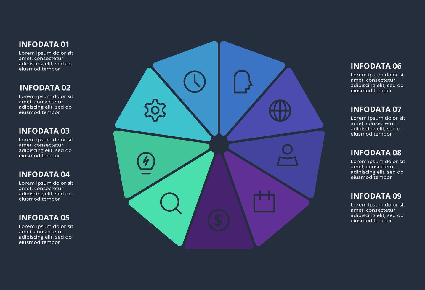 Circle dark infographic with 9 elements template for web on a black background, business, presentation. vector
