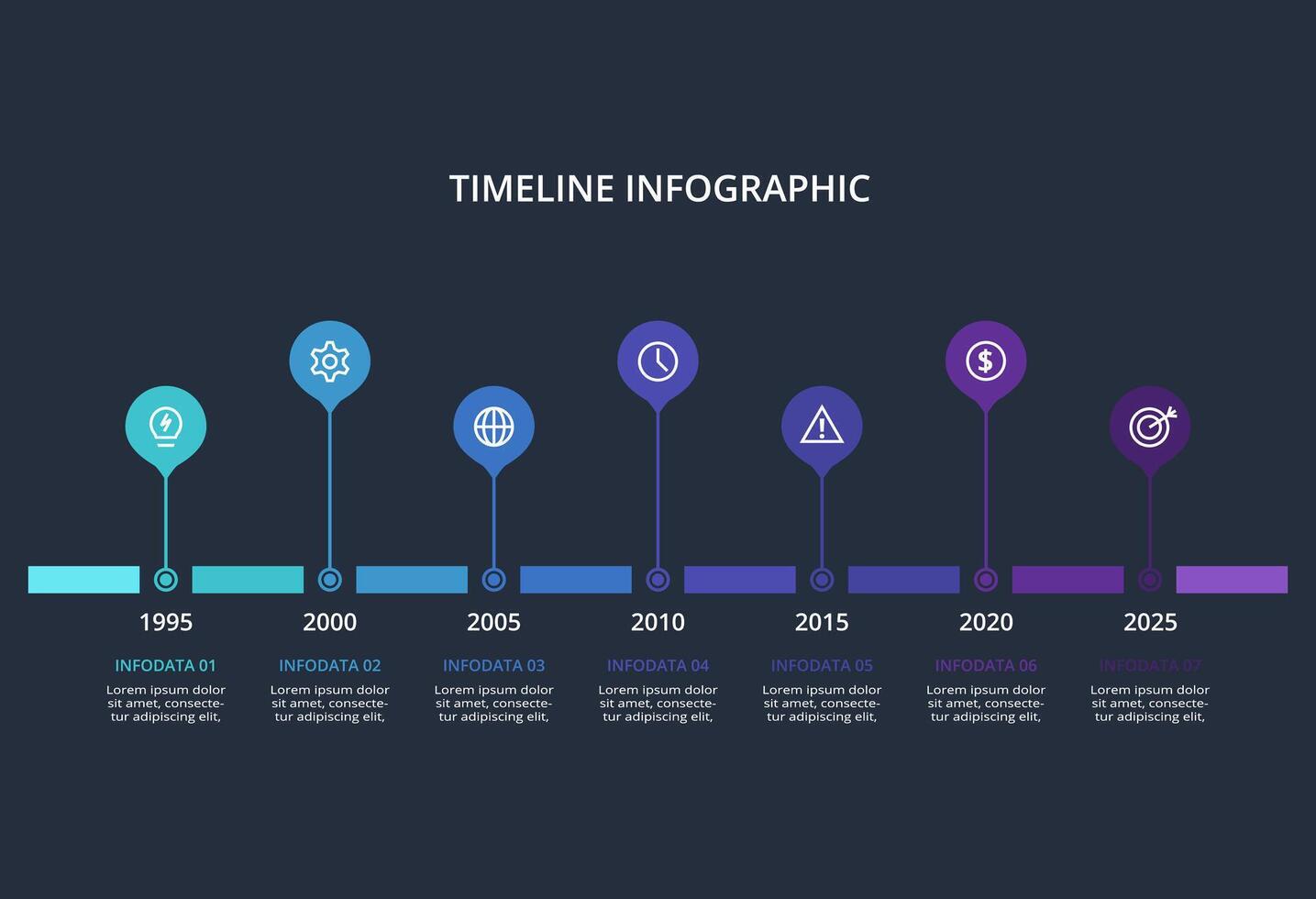 Creative dark infographic with 7 elements template for web on a black background, business, presentation. vector