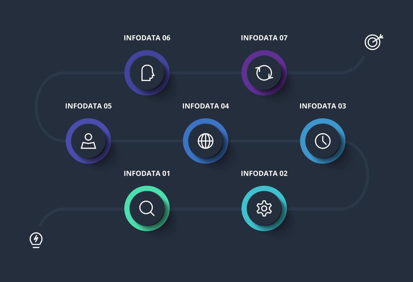 Creative dark infographic with 7 elements template for web on a black background, business, presentation. vector
