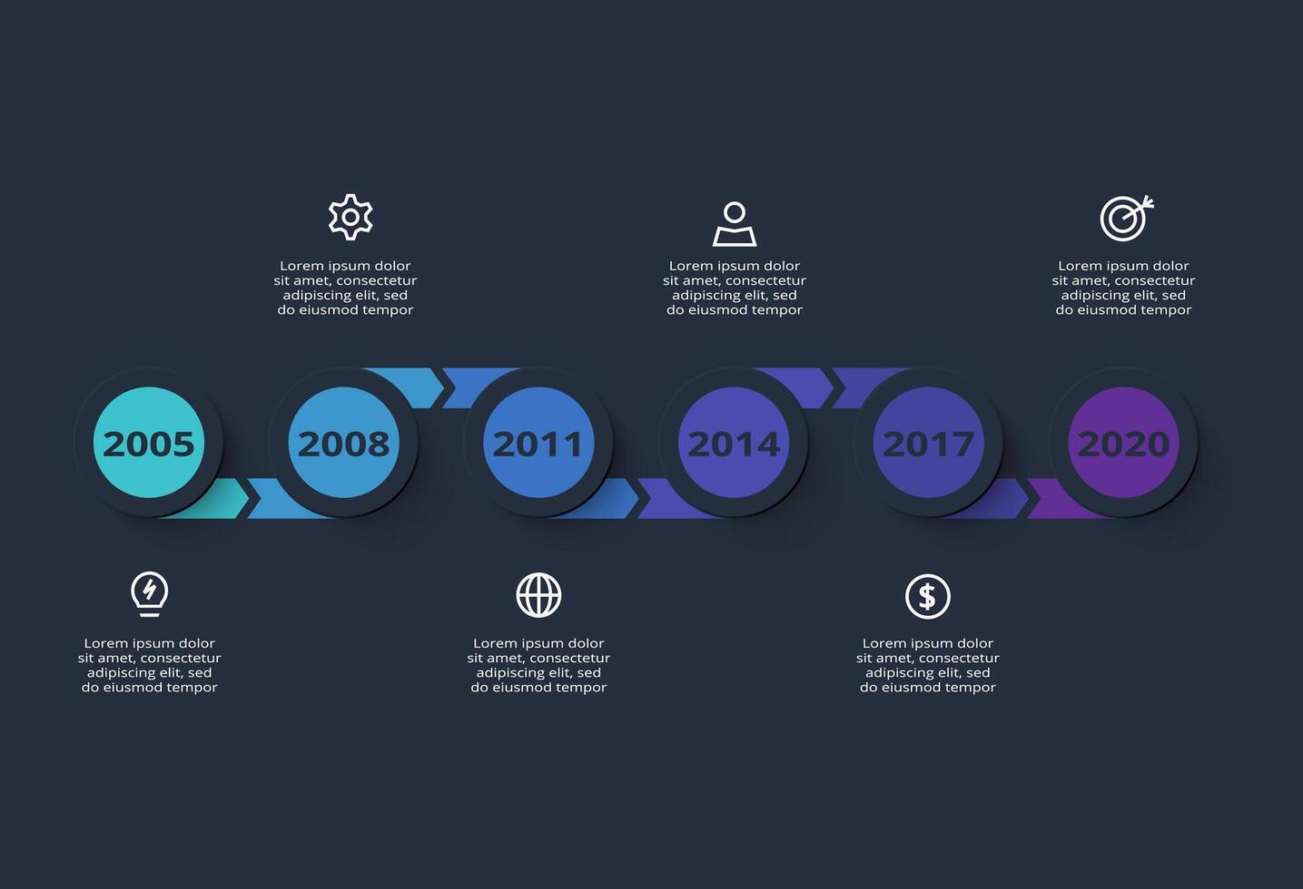 Creative dark infographic with 6 elements template for web on a black background, business, presentation. vector