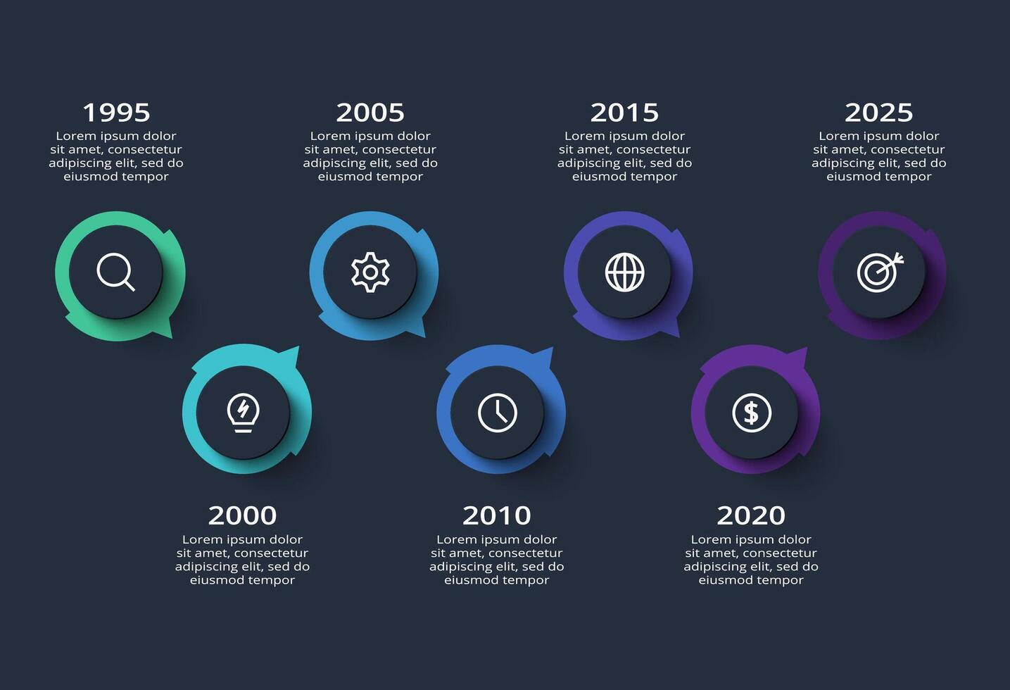 Creative dark infographic with 7 elements template for web on a black background, business, presentation. vector