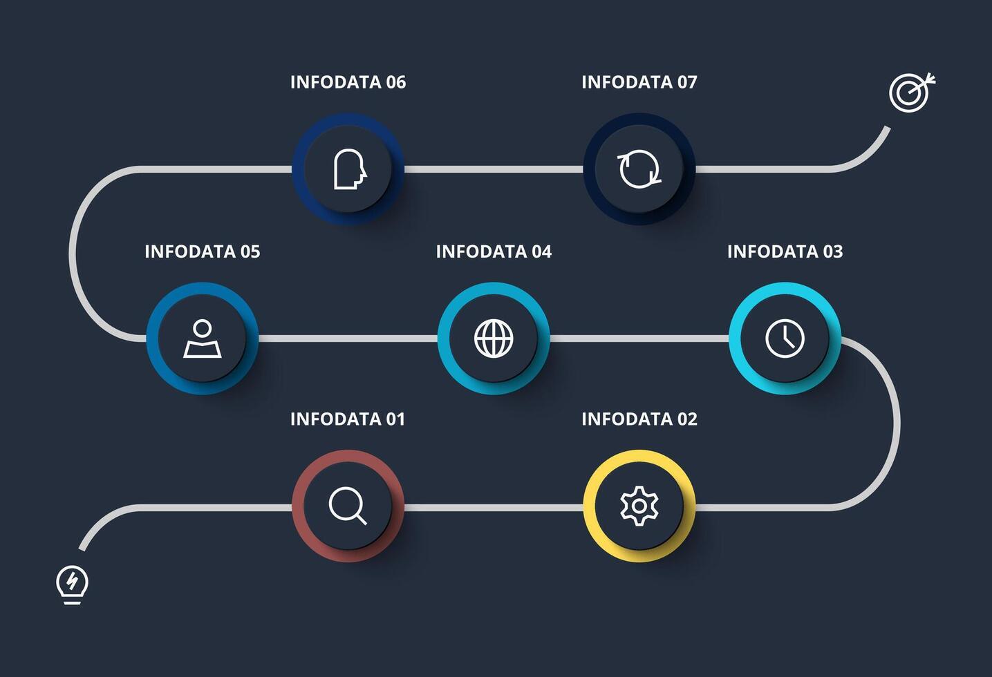 Creative dark infographic with 7 elements template for web on a black background, business, presentation. vector