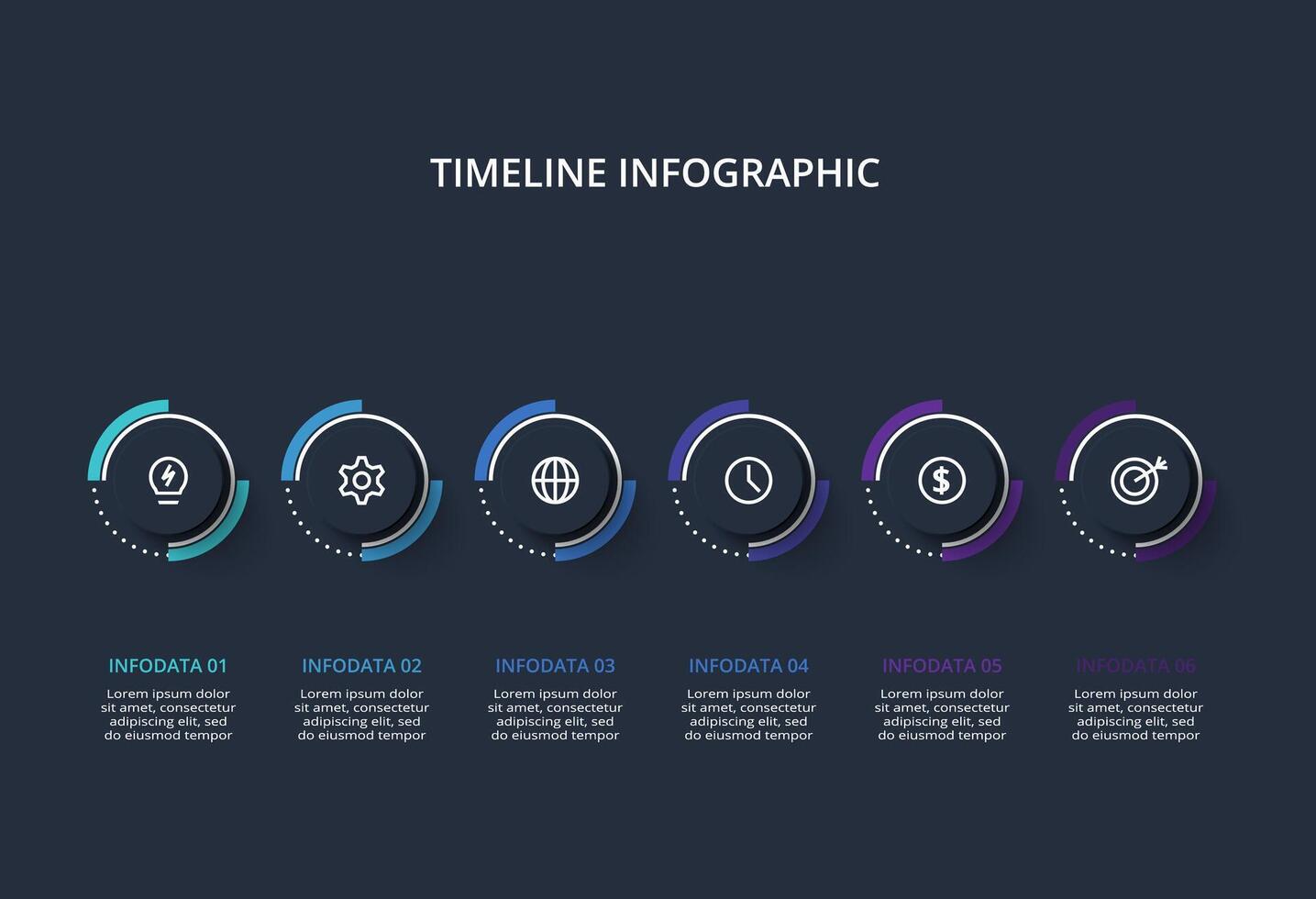 Creative dark infographic with 6 elements template for web on a black background, business, presentation. vector
