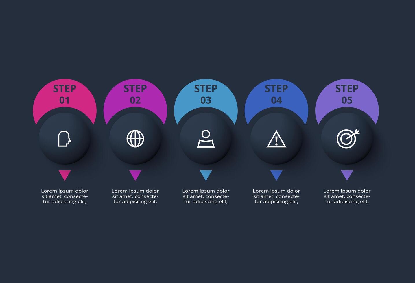 Creative dark infographic with 5 elements template for web on a black background, business, presentation. vector
