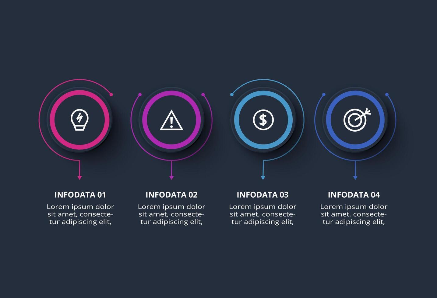 Creative dark infographic with 4 elements template for web on a black background, business, presentation. vector