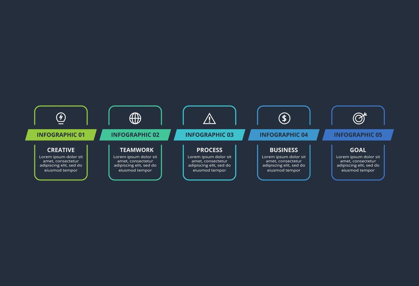 Creative dark infographic with 5 elements template for web on a black background, business, presentation. vector