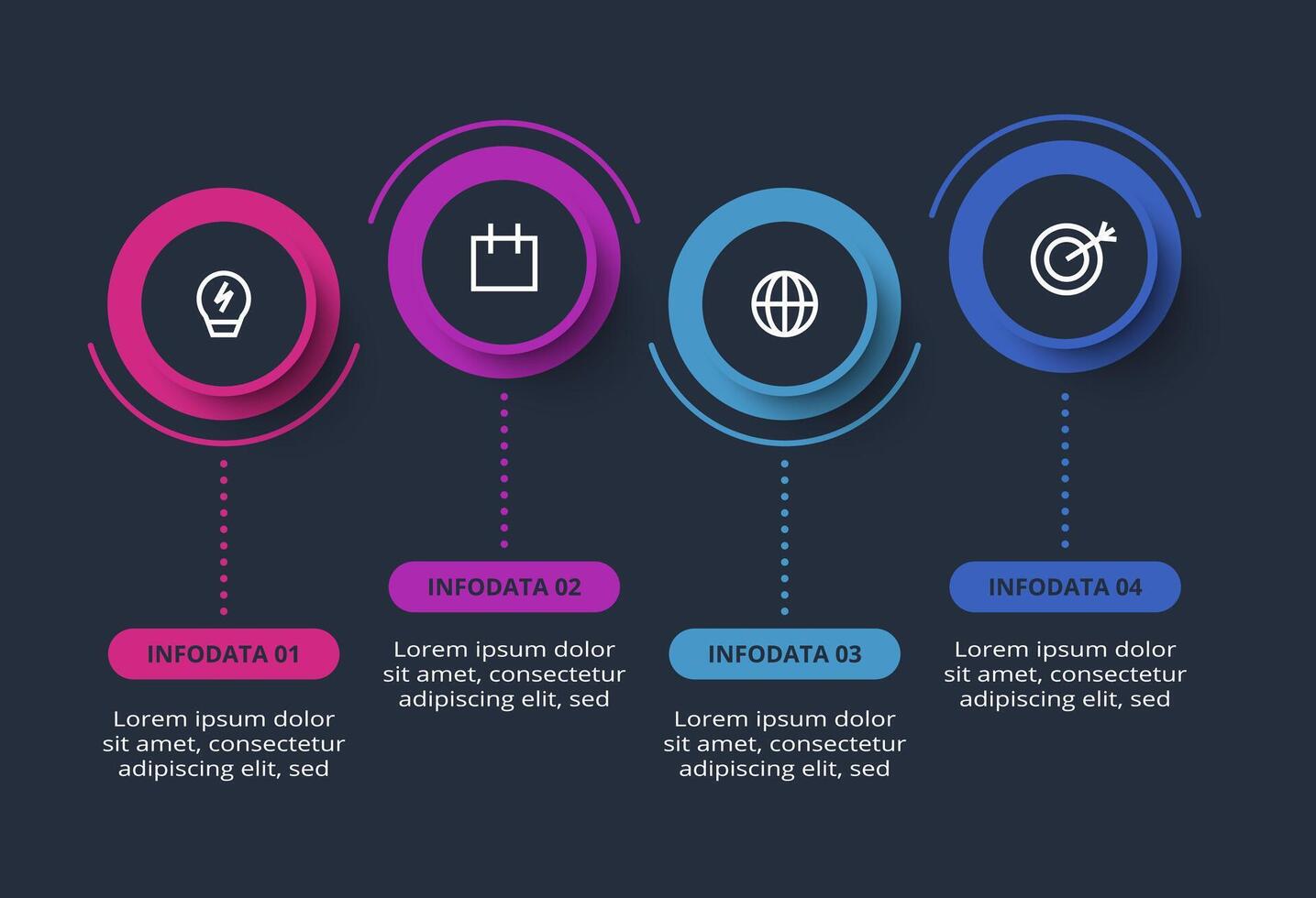 Creative dark infographic with 4 elements template for web on a black background, business, presentation. vector