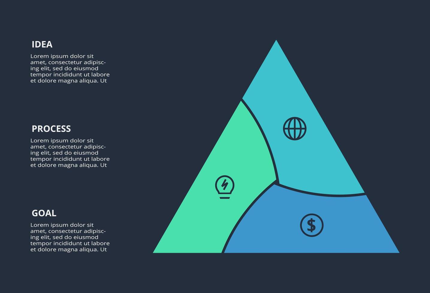 Circle dark infographic with 3 elements template for web on a black background, business, presentation. vector