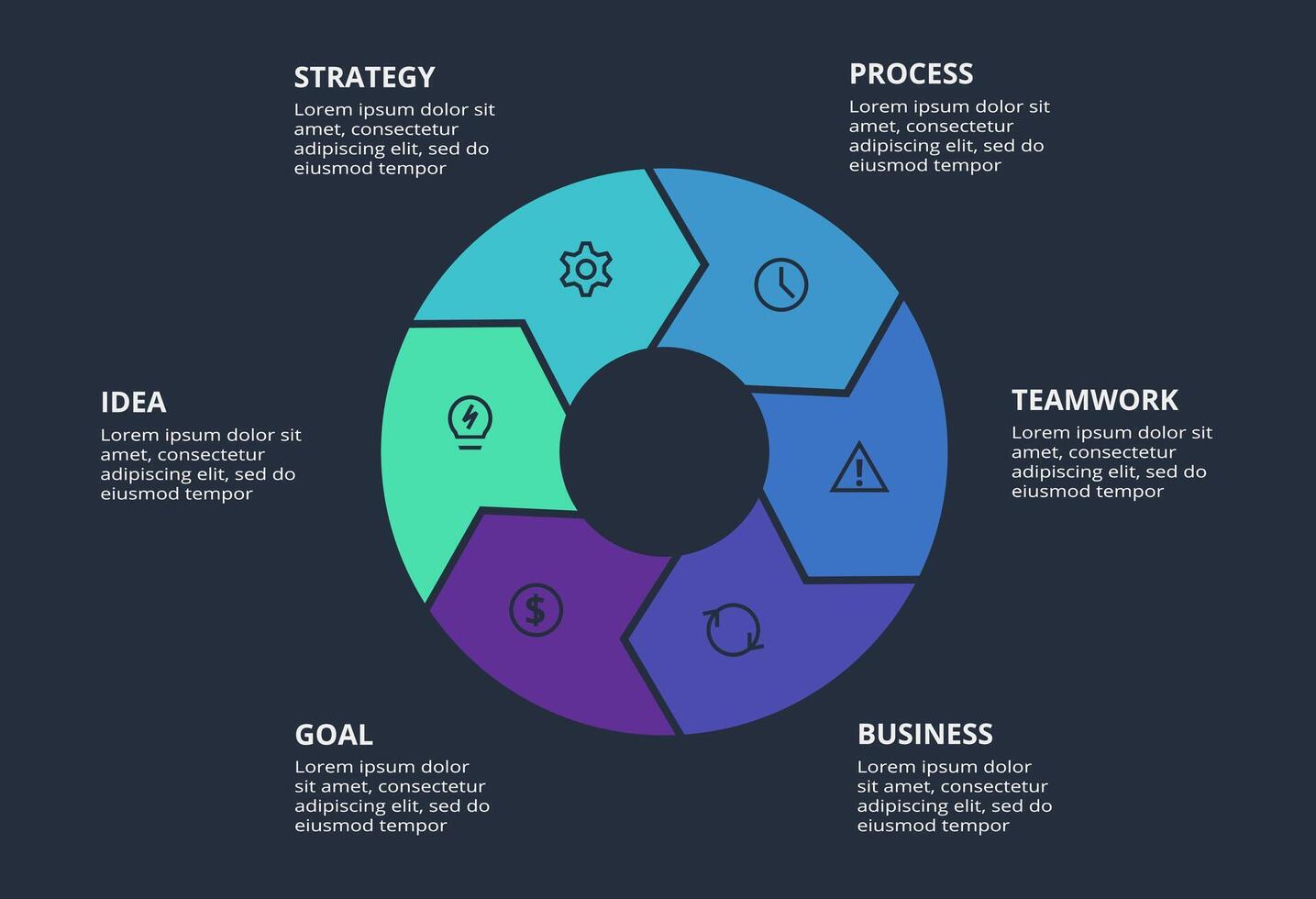 Circle dark infographic with 6 elements template for web on a black background, business, presentation. vector