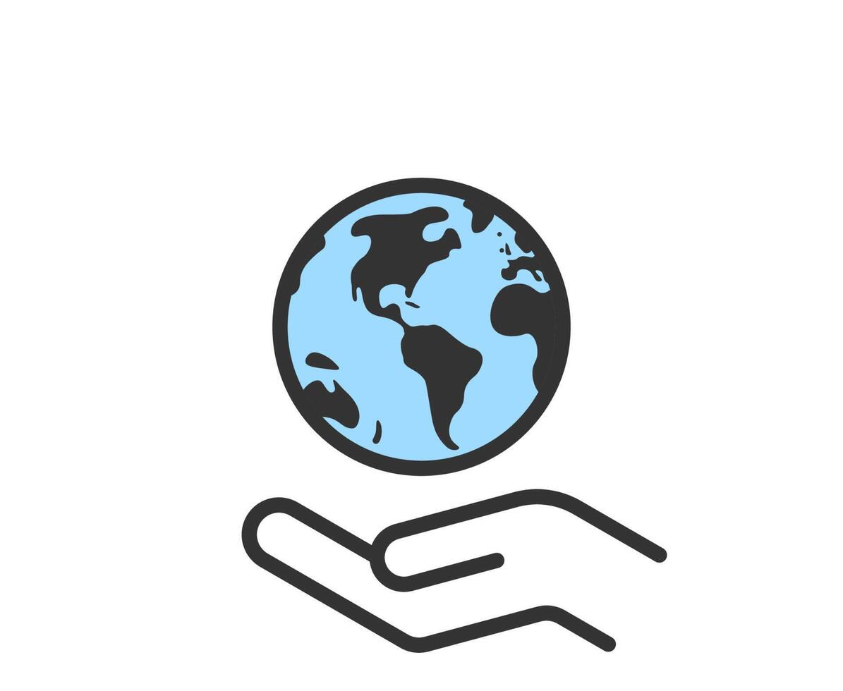 Hand holding planet earth linear icon, save the planet vector
