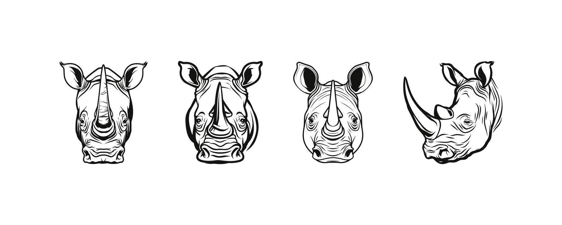 Stylized Rhino Head Illustrations in Black and White. icon design. vector