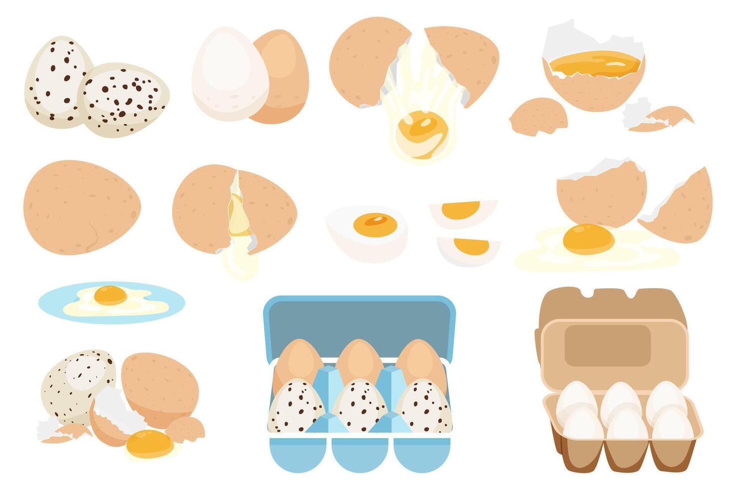 Fresh and boiled eggs mega set elements in flat graphic design. Bundle objects of different colors eggs, cracked eggshell and yolks, slices, products in cardboard containers. illustration. vector