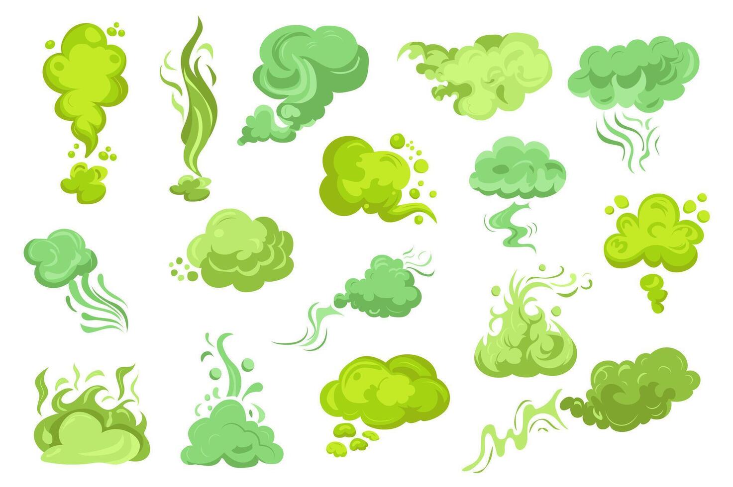 Smelly smoke mega set elements in flat graphic design. Bundle objects of green poison clouds with trails, toxic gas bubbles, cartoon bad stink, unpleasant smell vapour effect. illustration. vector