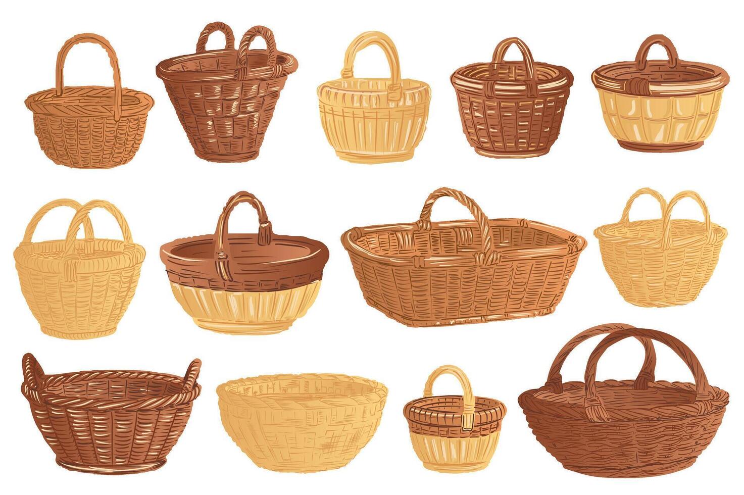 Cartoon handmade baskets mega set elements in flat graphic design. Bundle objects of brown wicker rattan containers with handles, handcraft straw hampers, braided rural basketry. illustration. vector