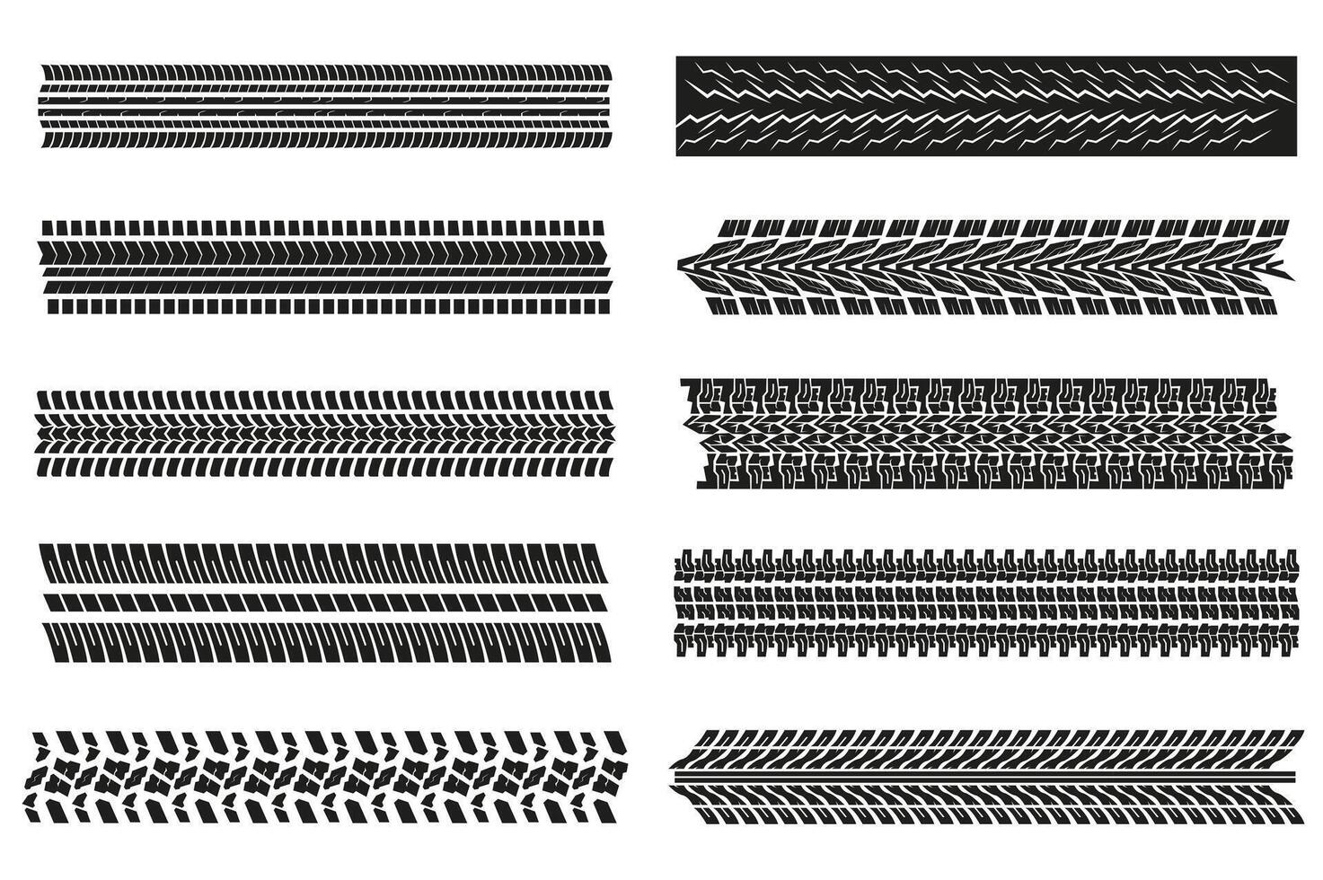 Tire tracks mega set elements in flat graphic design. Bundle objects of black machinery protectors prints with different patterns, automobile road trail texture, vehicle stamps. illustration. vector
