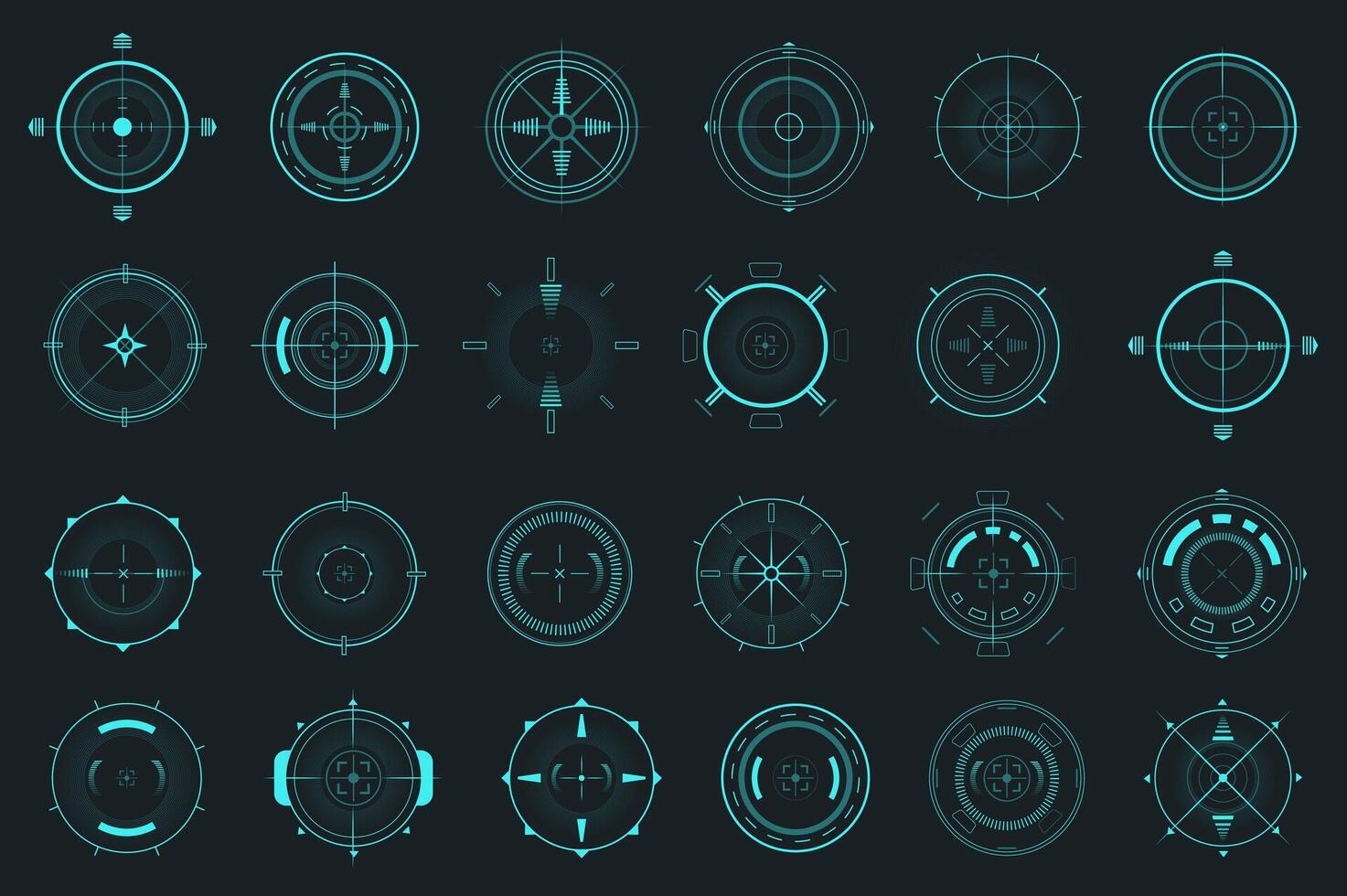HUD target pointer mega set elements in flat graphic design. Bundle objects of futuristic user interface with radars and dashboard infographic, military visual navigation system. illustration. vector