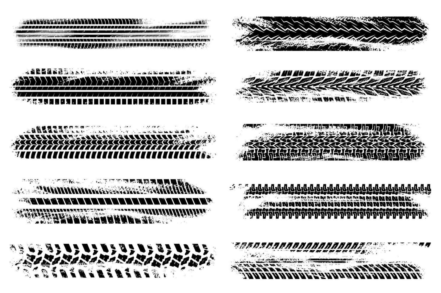 Grunge tire tracks mega set elements in flat graphic design. Bundle objects of abstract black wheels tread, motorcycle or car messy trails, road dirty rubber texture effect. illustration. vector