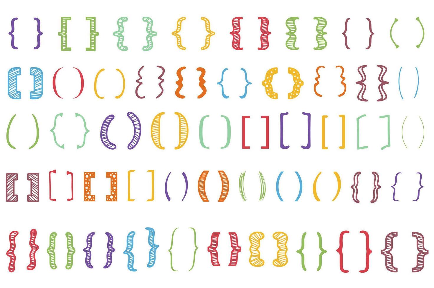 Shaded text brackets mega set elements in flat graphic design. Bundle objects of colorful scribble parenthesis, calligraphic quote frames with ornaments, doodle lettering frames. illustration. vector