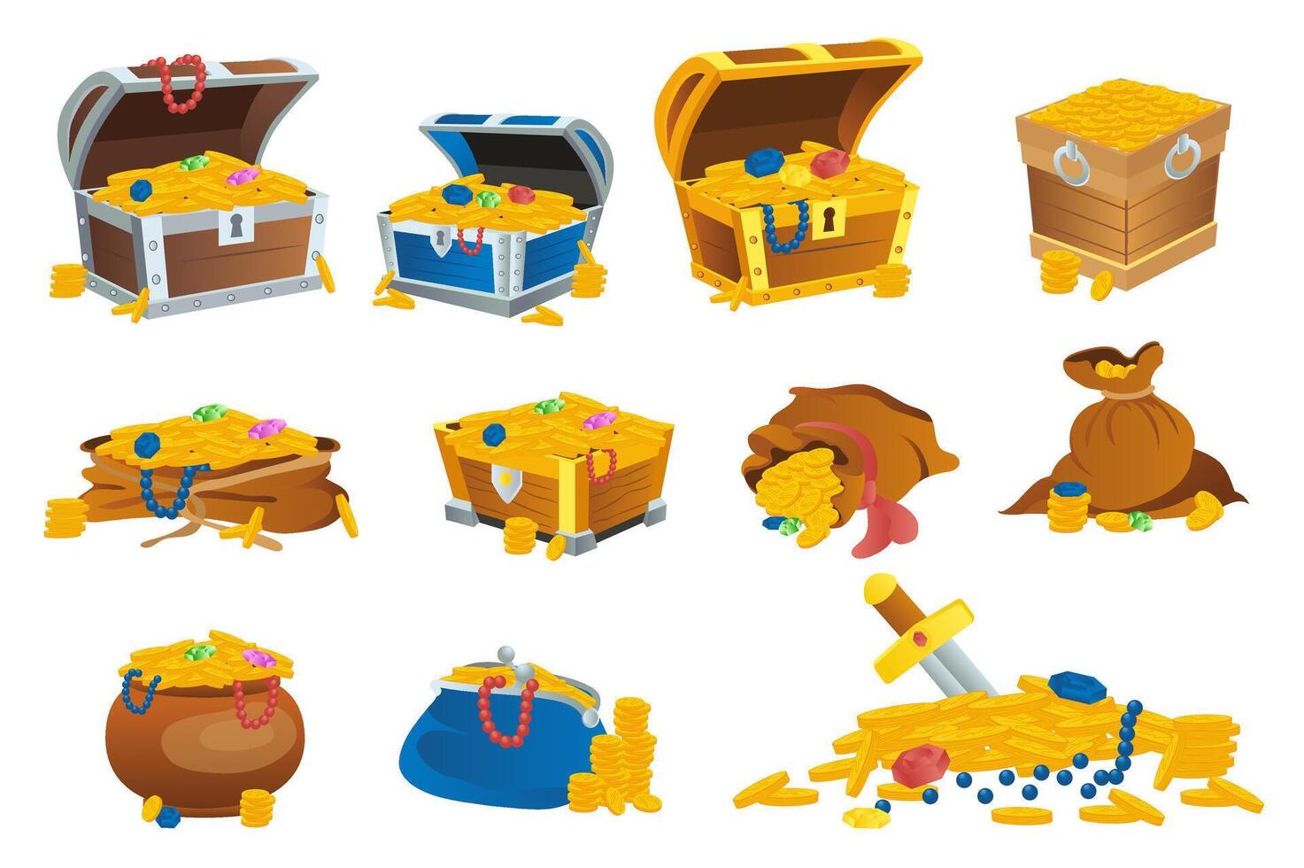 Pirate treasures mega set elements in flat graphic design. Bundle objects of cartoon open wooden chests with golden coins, gemstones and jewellery, bags and wallet with money. illustration. vector