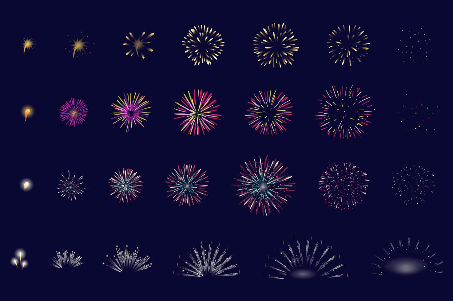 Firework animation mega set elements in flat graphic design. Bundle objects of different salute explosion in sequence action, glow pyrotechnic burst with sparkling step by step. illustration. vector
