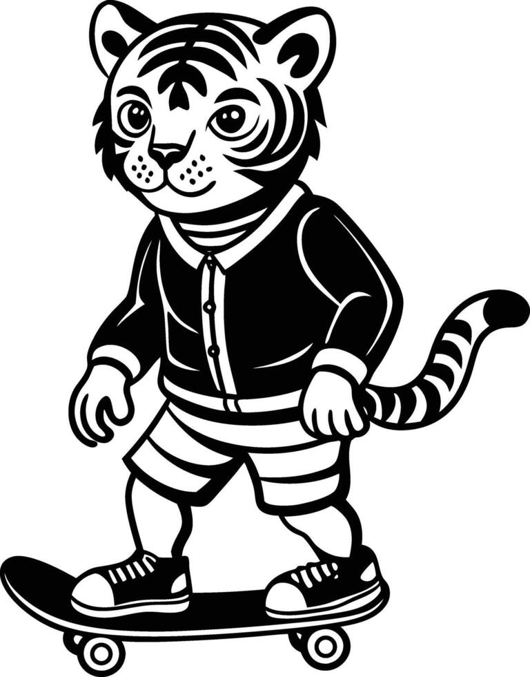 Tiger Rides on skateboard silhouette. black and white background vector