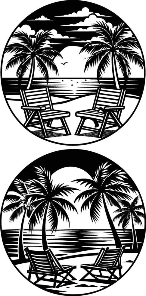A beach scene with chairs silhouette vector